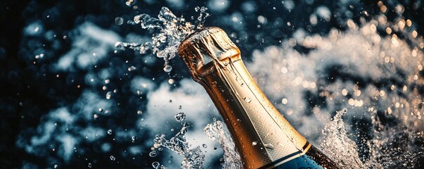 Poster - Champagne bottle exploding with water splashing everywhere