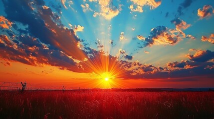 Poster - A breathtaking sunset unfolds, casting golden rays across a sprawling field. The sky is painted in shades of orange, pink, and blue, creating a picturesque landscape perfect for evening wanderers