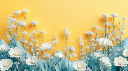 Wall Mural - Fresh White Flowers on a Bright Yellow Background with Empty Center Space for Text or Design Elements in a Minimalist Style