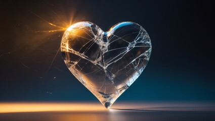 Poster - heart-shaped crystal with intricate cracks illuminated by warm light against a dark background