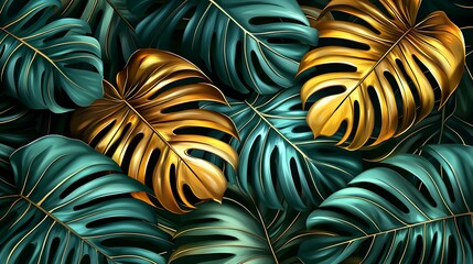 Wall Mural - Golden and teal monstera leaves background; tropical foliage pattern for design