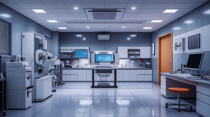Poster - Detailed view of an ophthalmology clinic featuring advanced diagnostic machines like OCT scanners and highresolution monitors for detailed eye scans with medicine cabinets and sterile tools