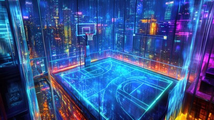 Poster - Neon Cityscape Basketball Court Rooftop View