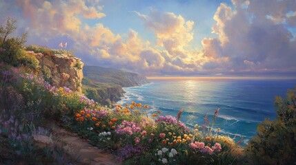 Canvas Print - Coastal Cliffs Sunset Blooms Ocean View