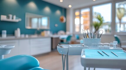 Poster - Hightech dental office with sterilized treatment tools dental handpieces and medicine trays neatly arranged for an upcoming procedure in a clean and professional environment