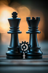 Poster - Close-up of black king and rook chess pieces with unique gear crown design, symbolizing strategy, leadership, and innovation, on a chessboard with blurred background