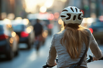 A commuter on a city bike traveling through a busy urban street