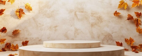 Poster - Autumn leaves falling around empty double podium on beige background