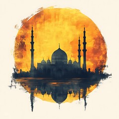 Beautiful Mosque Illustration, Watercolor Painting.