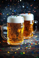 Aufkleber - Two mugs of beer covered with confetti celebrating on a rustic table