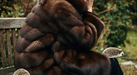 person in fur coat sitting on bench with hedgehogs nearby