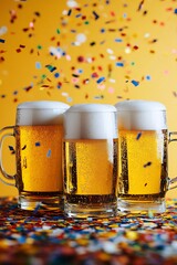 Aufkleber - Three beer pints with confetti falling on yellow background