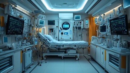 Aufkleber - hightech hospital room with a dialysis machine tubes connecting to the patient sterile medical devic