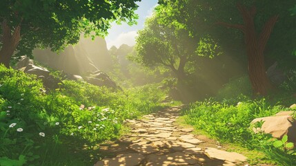 Canvas Print - Sunlit Stone Path Through Lush Green Forest Valley