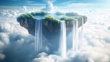 Floating island with cascading waterfalls, lush greenery on cliffs, serene sky, evokes tranquility and adventure, imaginative landscape.