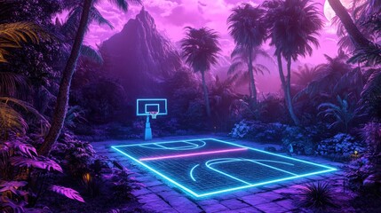 Poster - Neon Lit Basketball Court In Tropical Paradise