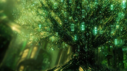 Poster - Digital Tree of Life Glowing Green in Forest