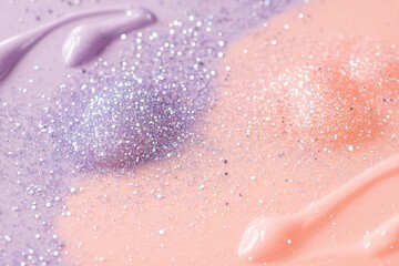 Poster - Pastel hues blend seamlessly with shades of coral and lavender, enhanced by scattered glitter droplets, creating an enchanting and delicate atmosphere