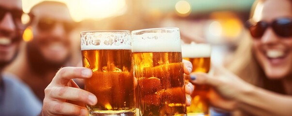 Aufkleber - Friends toasting with beer glasses at pub outside