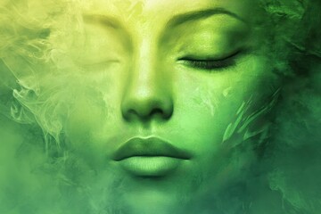 Wall Mural - Serene Green Face Emerging From Smoke