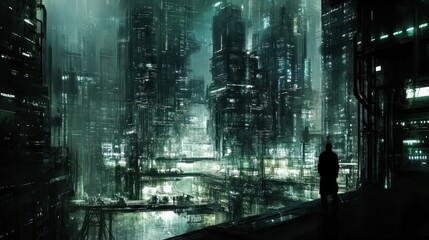 Poster - A solitary figure observes a futuristic cityscape at night