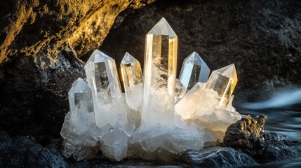 Poster - Crystal Cluster Illuminates Dark Rocky Shoreline