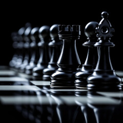 Poster - Close-up of black chess pieces in a row, featuring rook, knight, bishop, queen, and king, on a chessboard, symbolizing strategy, power, and intelligence in competition.