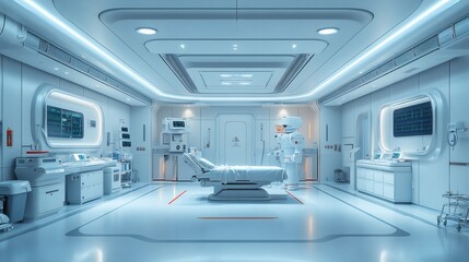 Fototapete - Hightech surgical suite with robotic devices oxygen masks sterilized treatment instruments and wellorganized medicine cabinets in a clean hospital environment