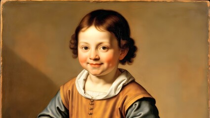 A Renaissance oil portrait of a child, with a playful and innocent expression. Boy. Charming Renaissance Youth Portrait with Gentle Smile in Warm Golden Tones and Traditional Noble Attire. 2