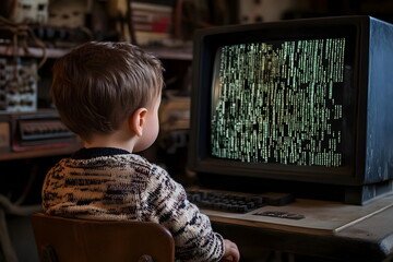 Little boy sitting in front of a computer coding