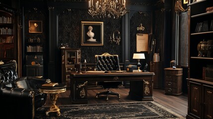 Poster - a dark and dramatic home office setup with gothic charm, featuring black and gold decor, vintage tou