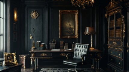 Poster - a dark and dramatic home office setup with gothic charm, featuring black and gold decor, vintage tou