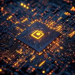 Poster - illuminated processor chip on circuit board, glowing orange, used for tech design backgrounds
