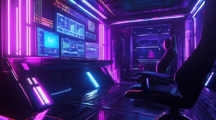 Poster - A futuristic gaming room with a high-end computer, RGB lighting, and a sleek gaming chair, creating the perfect cyber gaming atmosphere.