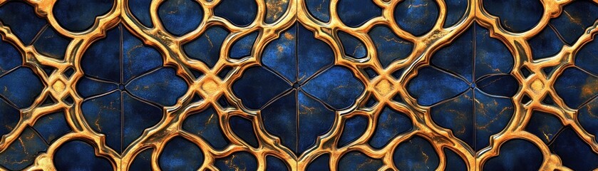 Poster - Intricate Gold Design on Dark Blue Marble Tiles