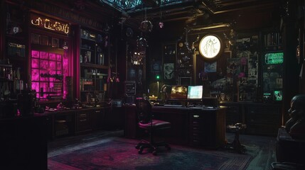 Poster - A gothic cyberpunk workspace blending vintage and futuristic aesthetics, with a dark wooden desk, neon accents, and gothic decor.