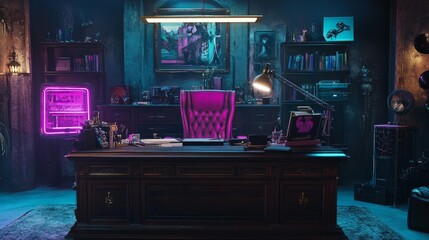 Poster - A gothic cyberpunk workspace blending vintage and futuristic aesthetics, with a dark wooden desk, neon accents, and gothic decor.