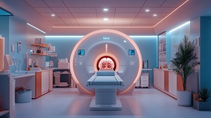 Poster - Medical clinic with an MRI machine showing detailed brain imaging surrounded by sterile tools and medications neatly arranged for treatment and diagnosis