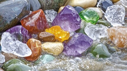 Poster - Colorful Gemstones Nestled Among Smooth River Rocks