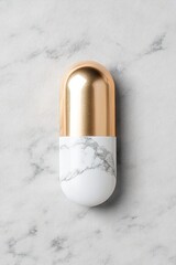 Wall Mural - A stylish two-tone pill showcases a luxurious marble finish on the lower half and a shiny metallic cap on top, resting on a textured backdrop that enhances its elegance