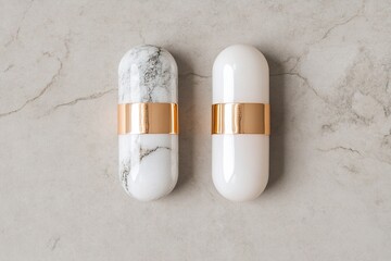 Poster - The design showcases a two-tone pill with marble and metallic elements, placed on a textured surface resembling frosted glass. It highlights contemporary elegance and luxury