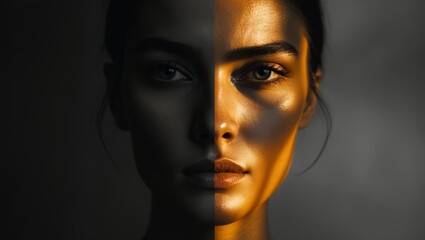Poster - Contrasting light and shadow on a woman's face showcasing dramatic expression and striking features