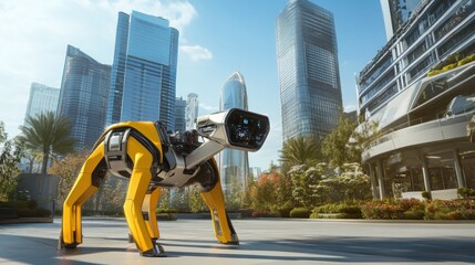 Poster - Futuristic Yellow Robotic Canine Amidst Modern Skyscrapers
