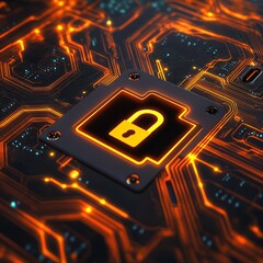 Poster - security concept with glowing lock on circuit board. data protection. technology or digital backdrop