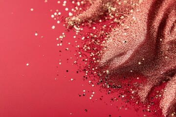 Poster - A vibrant red gradient is adorned with fine, glowing gold glitter particles, concentrated at the edges while maintaining a smooth and glamorous center. This visual creates a striking contrast