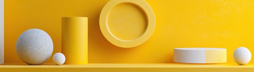 Poster - A vibrant yellow background features minimalistic shapes such as circles and triangles in different shades of yellow, arranged with ample negative space, creating a modern aesthetic