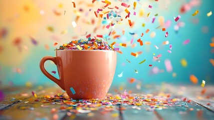 Wall Mural - confetti falling in a cup of coffee on a colorful background