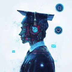 Graduation cap on student profile, digital overlay, icons, AI concept, technology future education