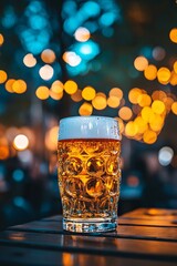 Poster - Glass of cold beer standing on a table at night with bokeh lights in the background