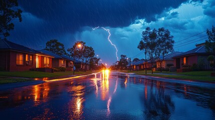 Aufkleber - Dark clouds gather above a quiet neighborhood, as a sudden flash of lightning strikes, reflecting in the wet streets. Rain falls gently, creating a serene yet tense atmosphere